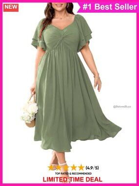 Plus Size Sweetheart Neck Maxi Cocktail Dress Ruffle Sleeve Smocked A-Line